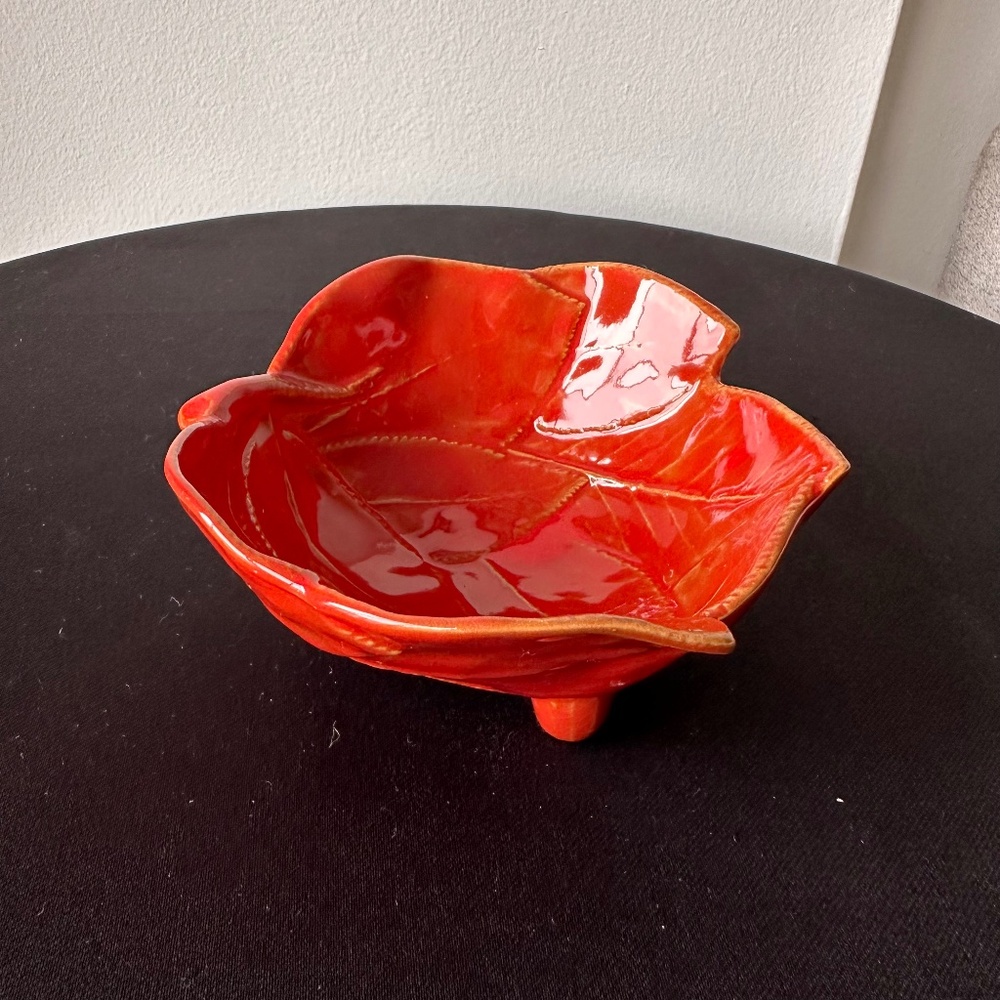 Handmade Italian Red Ceramic Leaf Bowl – Footed Dish Made in Italy